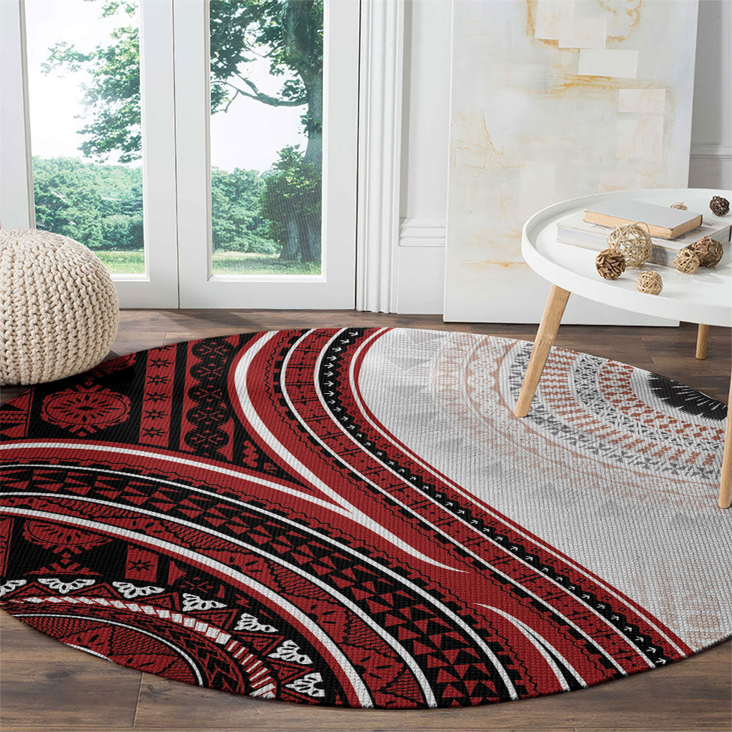 Bula Fiji Vintage Tapa Round Carpet Kaivity Masi Wave Motifs - Red