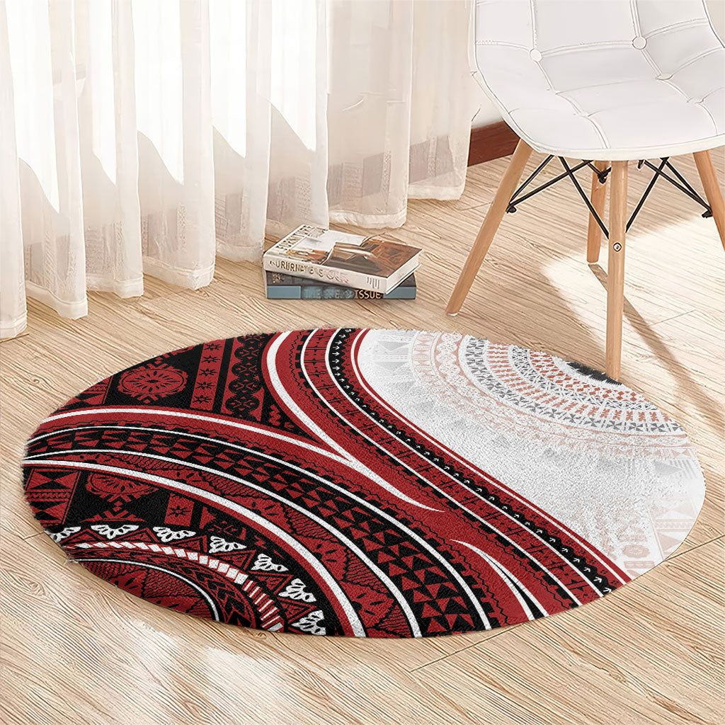 Bula Fiji Vintage Tapa Round Carpet Kaivity Masi Wave Motifs - Red