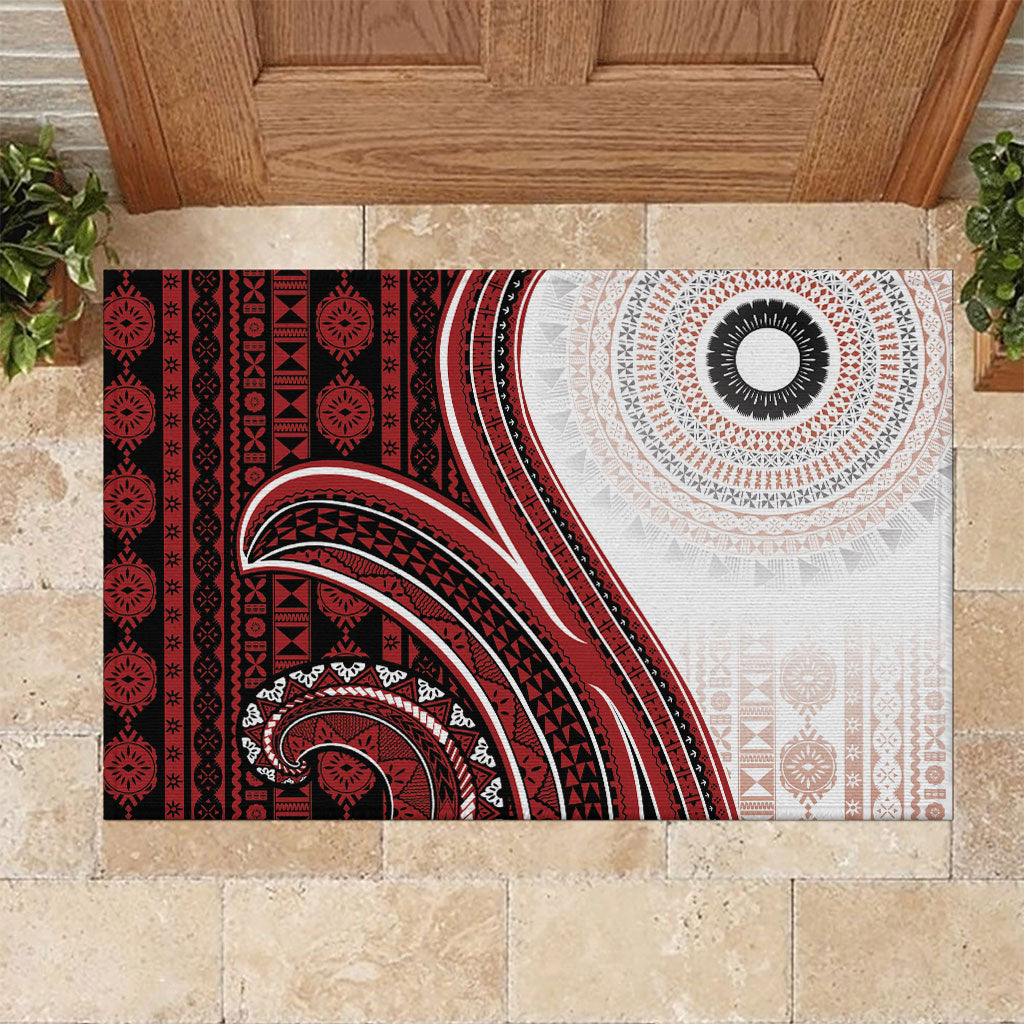 Bula Fiji Vintage Tapa Rubber Doormat Kaivity Masi Wave Motifs - Red LT7 Red - Polynesian Pride