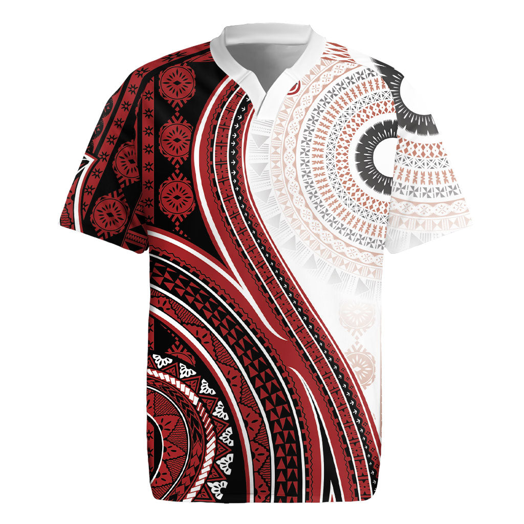 Bula Fiji Vintage Tapa Rugby Jersey Kaivity Masi Wave Motifs - Red LT7 Red - Polynesian Pride