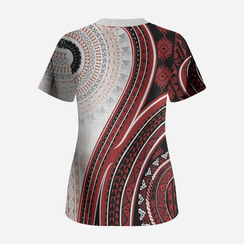 Bula Fiji Vintage Tapa Scrub Top Kaivity Masi Wave Motifs - Red LT7 - Polynesian Pride