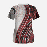 Bula Fiji Vintage Tapa Scrub Top Kaivity Masi Wave Motifs - Red LT7 - Polynesian Pride