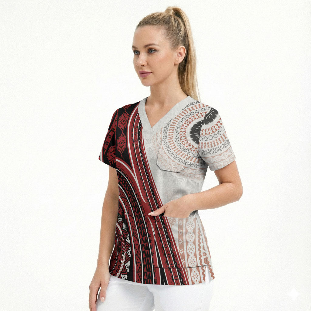 Bula Fiji Vintage Tapa Scrub Top Kaivity Masi Wave Motifs - Red LT7 - Polynesian Pride