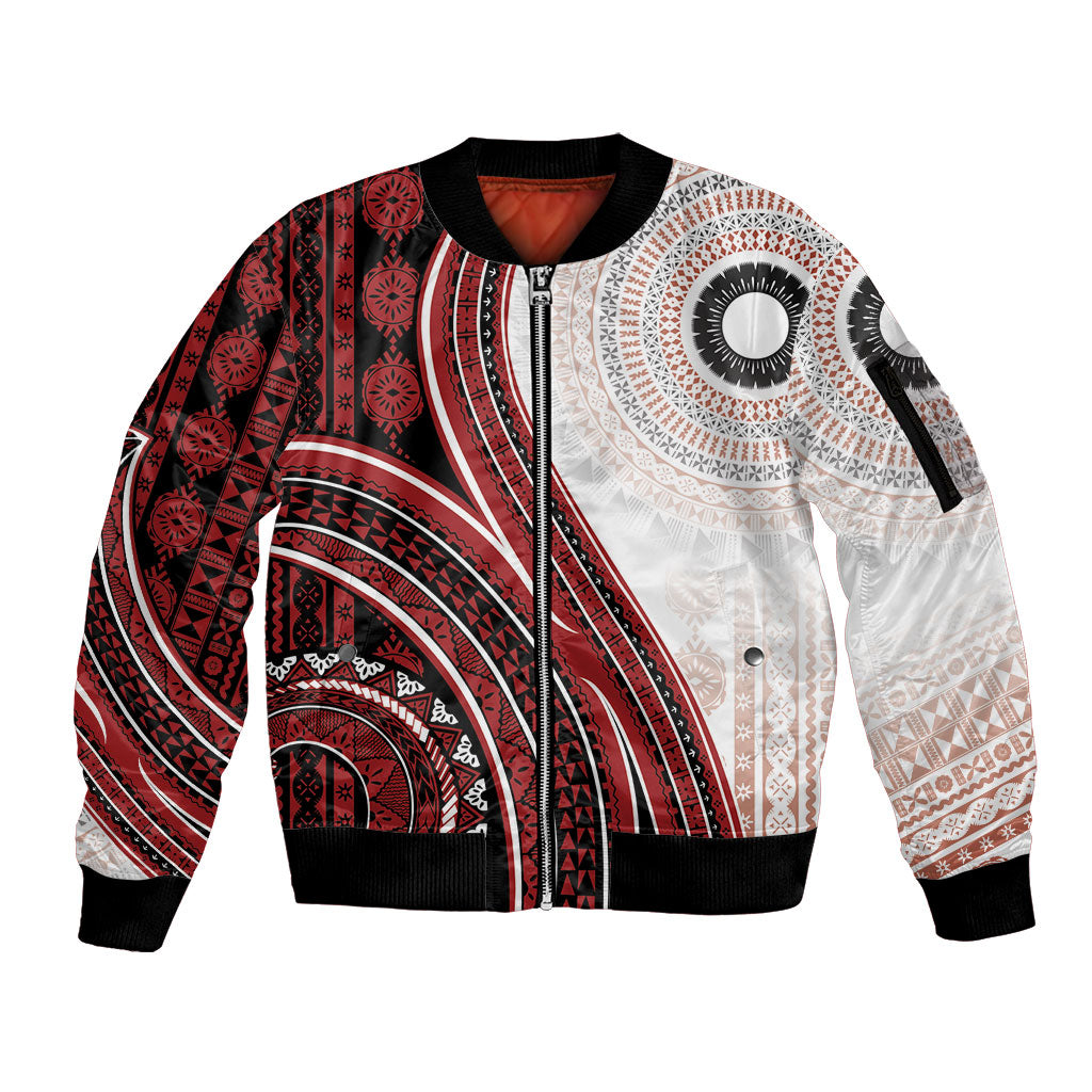 Bula Fiji Vintage Tapa Sleeve Zip Bomber Jacket Kaivity Masi Wave Motifs - Red LT7 Unisex Red - Polynesian Pride