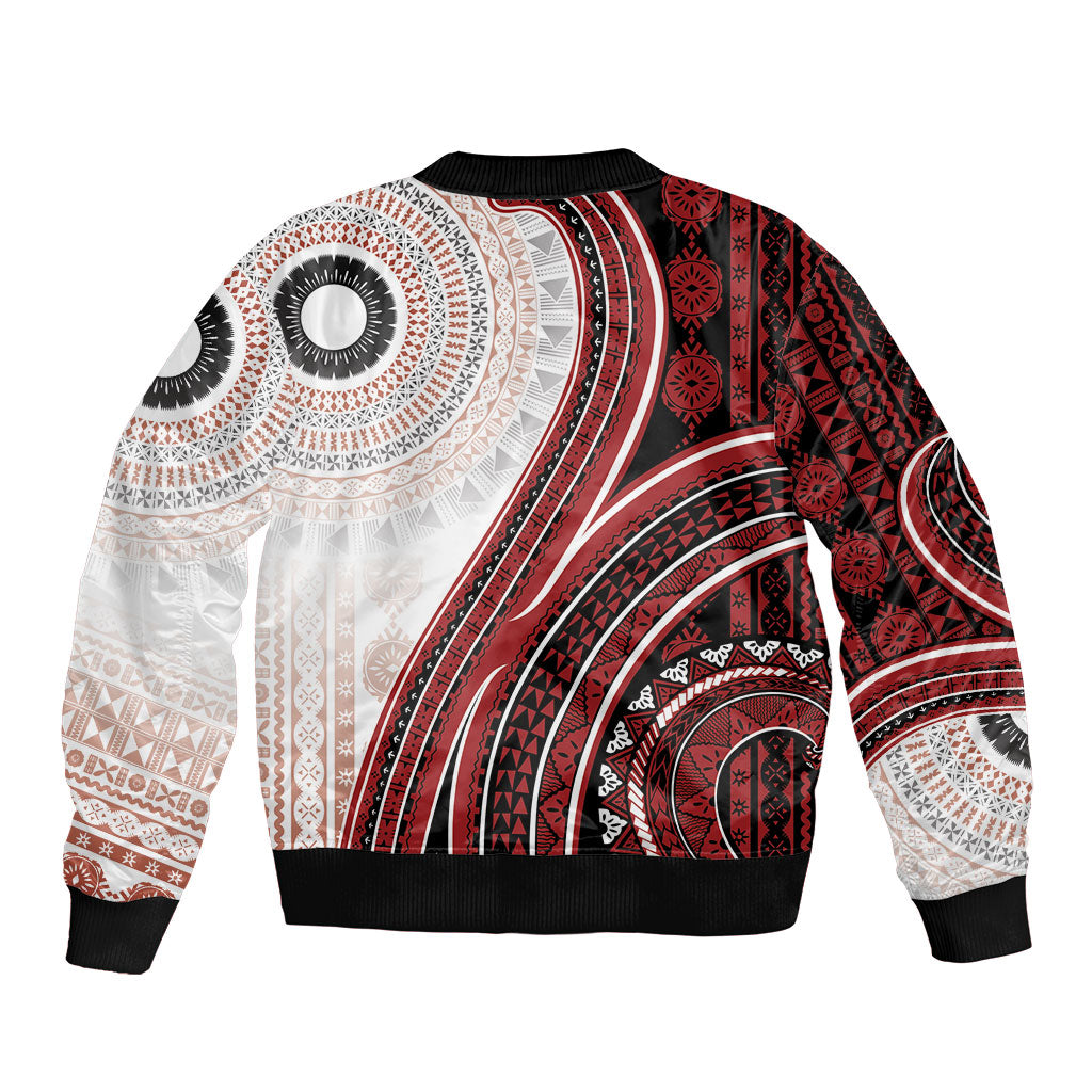 Bula Fiji Vintage Tapa Sleeve Zip Bomber Jacket Kaivity Masi Wave Motifs - Red LT7 - Polynesian Pride
