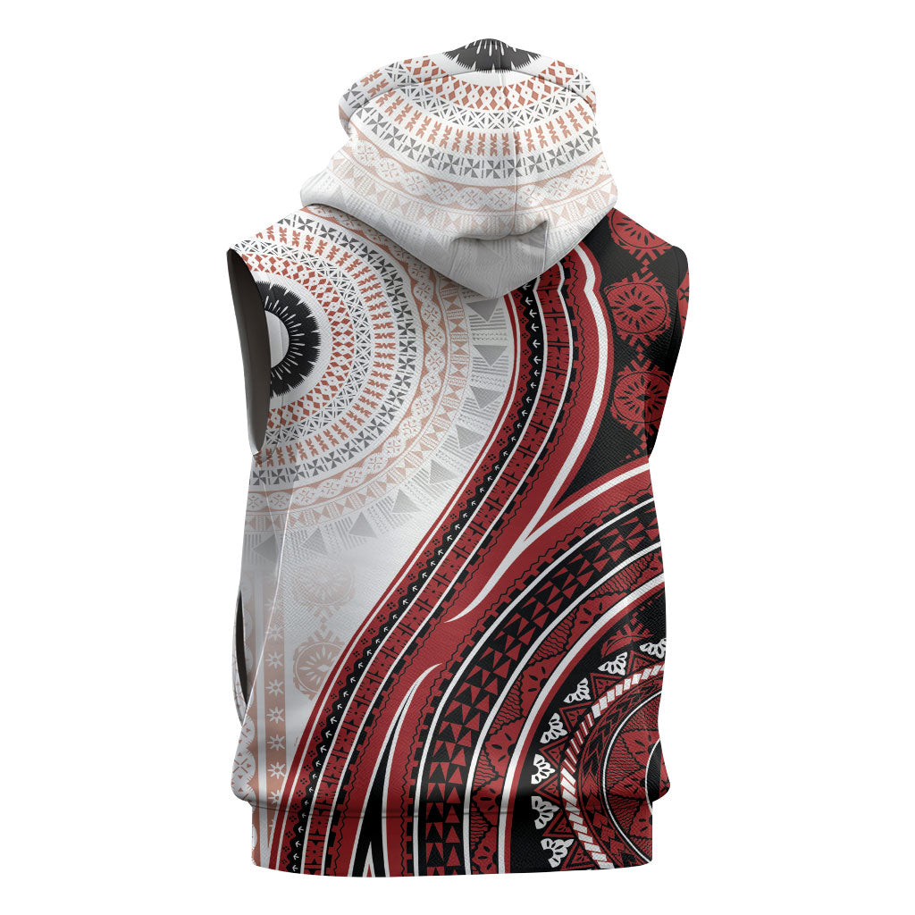 Bula Fiji Vintage Tapa Sleeveless Hoodie Kaivity Masi Wave Motifs - Red LT7 - Polynesian Pride
