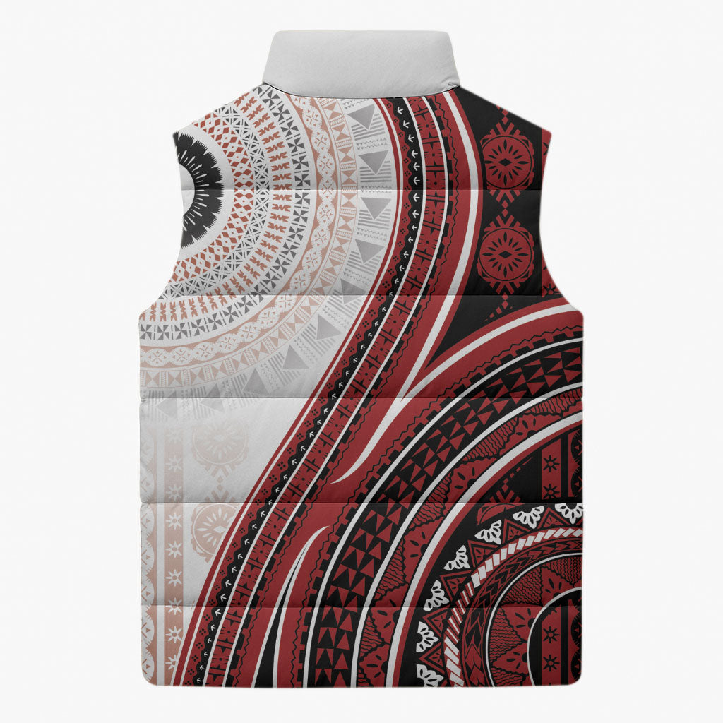 Bula Fiji Vintage Tapa Sleeveless Puffer Jacket Kaivity Masi Wave Motifs - Red LT7 - Polynesian Pride