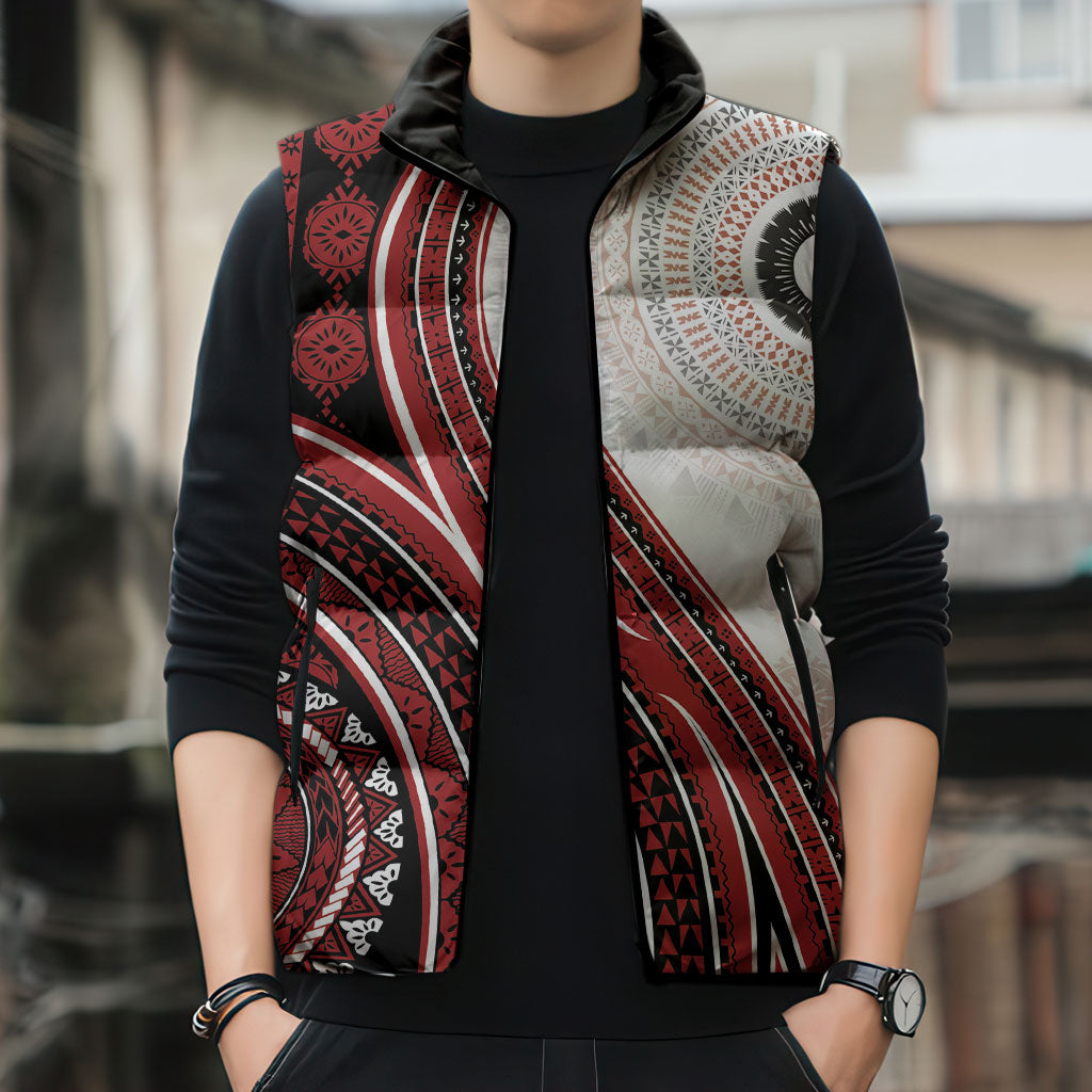 Bula Fiji Vintage Tapa Sleeveless Puffer Jacket Kaivity Masi Wave Motifs - Red LT7 - Polynesian Pride