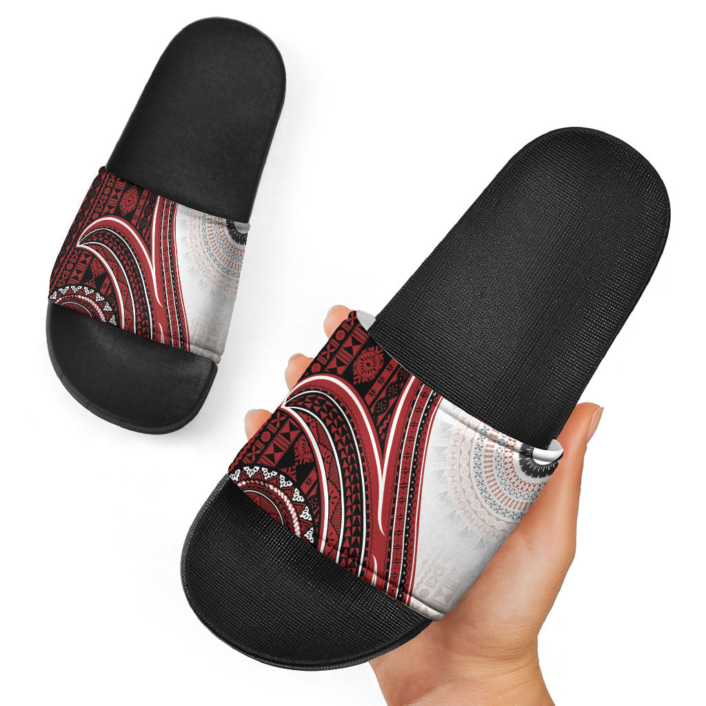 Bula Fiji Vintage Tapa Slide Sandals Kaivity Masi Wave Motifs - Red LT7 - Polynesian Pride