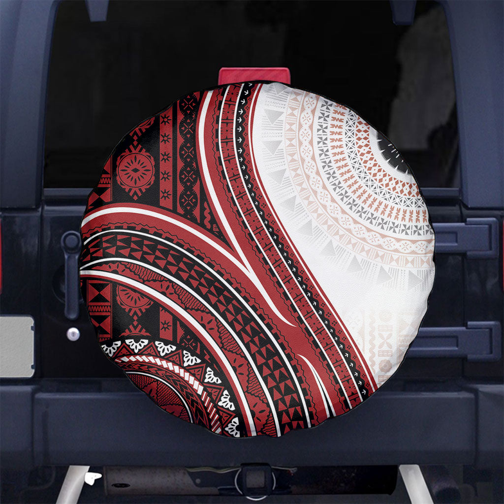 Bula Fiji Vintage Tapa Spare Tire Cover Kaivity Masi Wave Motifs - Red LT7 No hole Red - Polynesian Pride