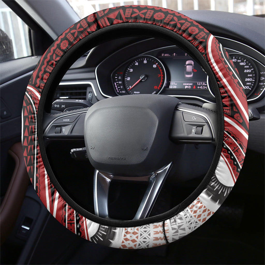Bula Fiji Vintage Tapa Steering Wheel Cover Kaivity Masi Wave Motifs - Red LT7 - Polynesian Pride