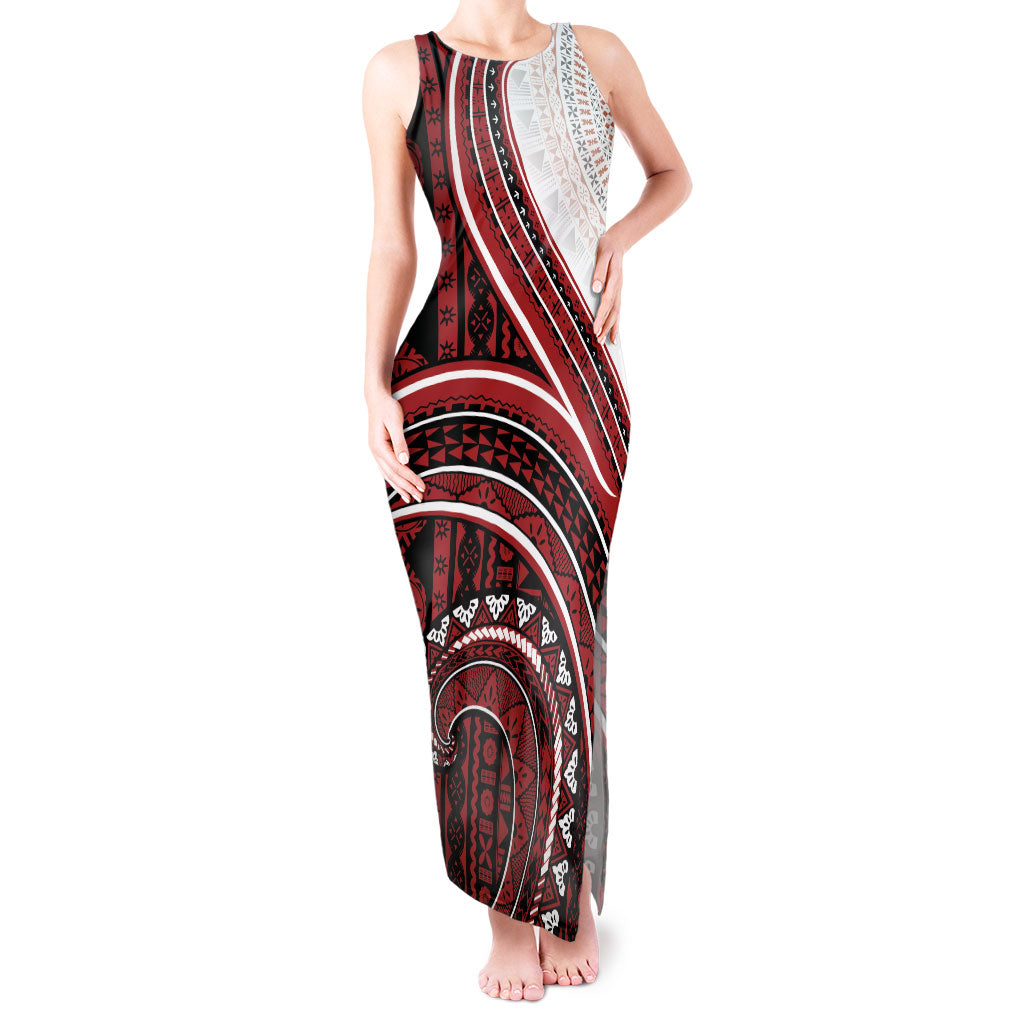 Bula Fiji Vintage Tapa Tank Maxi Dress Kaivity Masi Wave Motifs - Red LT7 Women Red - Polynesian Pride