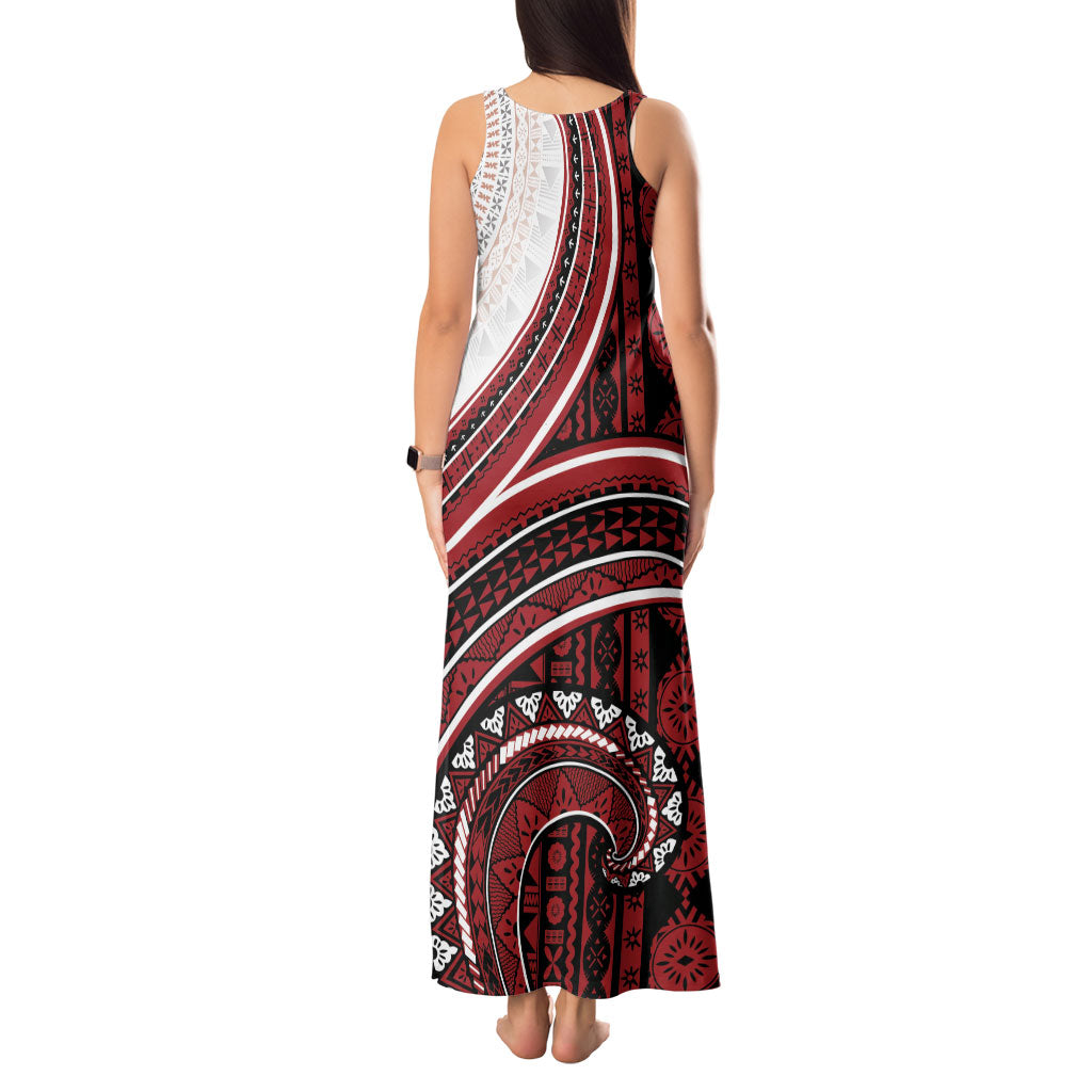 Bula Fiji Vintage Tapa Tank Maxi Dress Kaivity Masi Wave Motifs - Red LT7 - Polynesian Pride