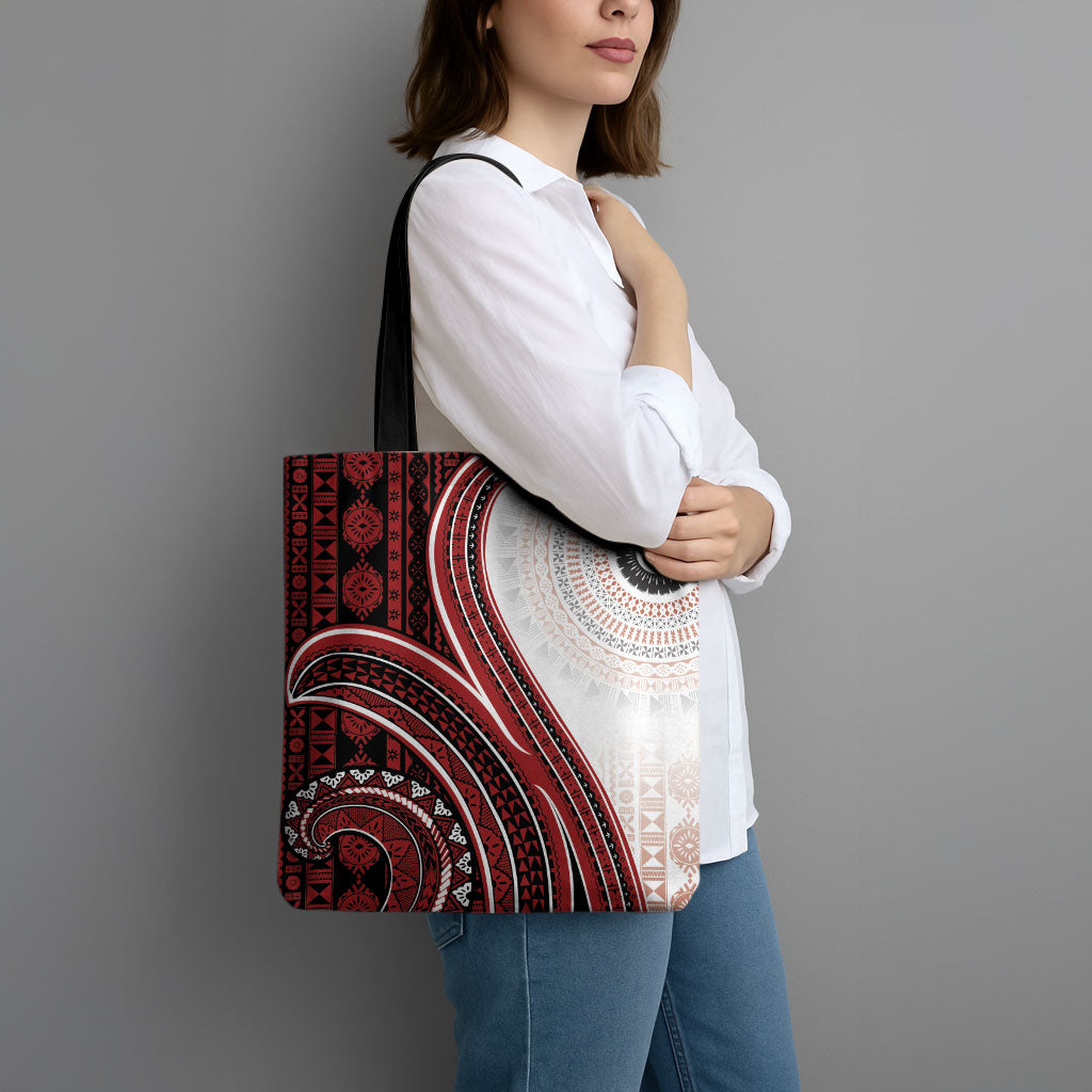 Bula Fiji Vintage Tapa Tote Bag Kaivity Masi Wave Motifs - Red LT7 - Polynesian Pride