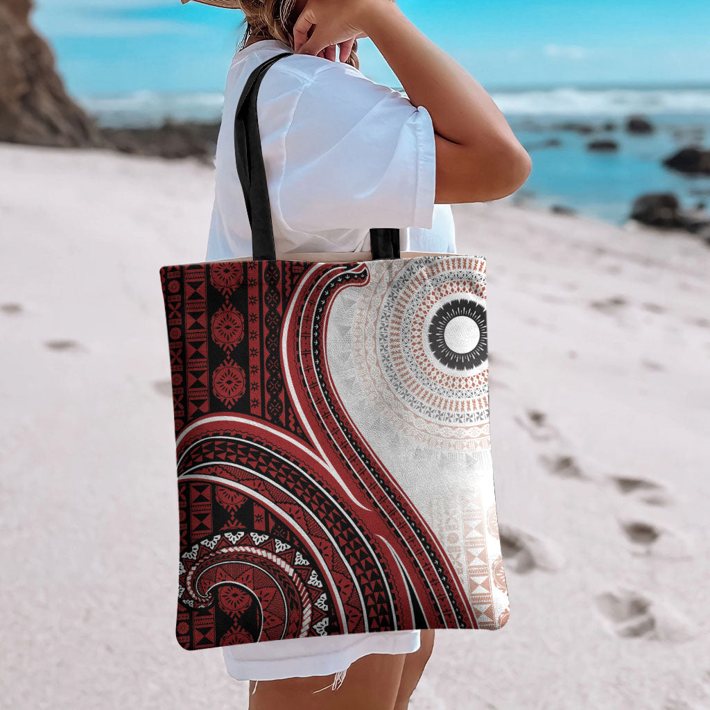 Bula Fiji Vintage Tapa Tote Bag Kaivity Masi Wave Motifs - Red LT7 - Polynesian Pride