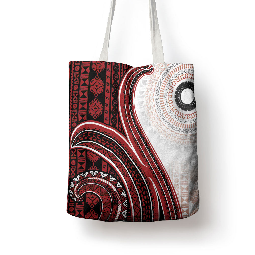 Bula Fiji Vintage Tapa Tote Bag Kaivity Masi Wave Motifs - Red LT7 - Polynesian Pride