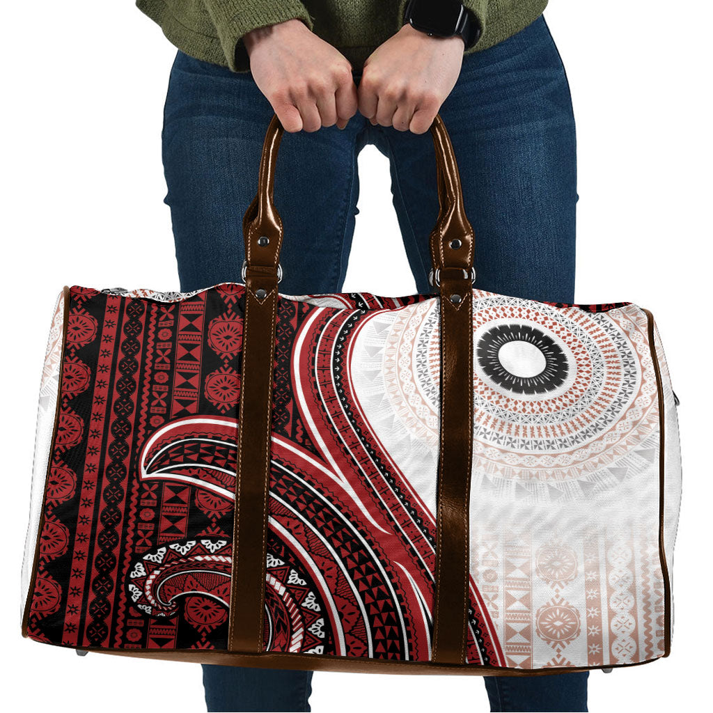 Bula Fiji Vintage Tapa Travel Bag Kaivity Masi Wave Motifs - Red LT7 Red - Polynesian Pride