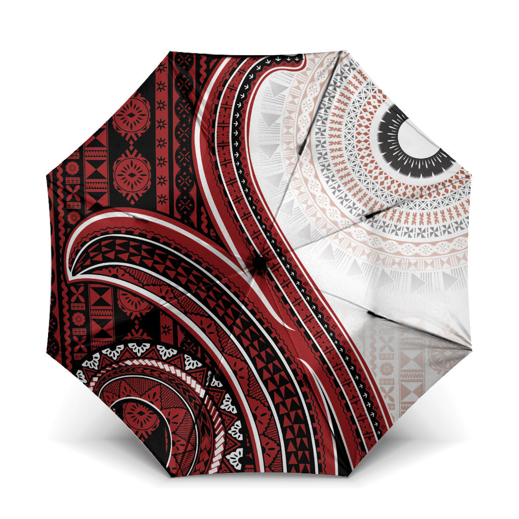 Bula Fiji Vintage Tapa Umbrella Kaivity Masi Wave Motifs - Red LT7 One Size Folded 11.42 inch Opened Diameter 37.4 inch Red - Polynesian Pride