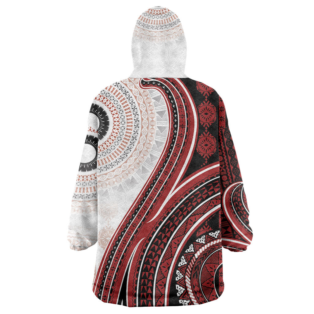 Bula Fiji Vintage Tapa Wearable Blanket Hoodie Kaivity Masi Wave Motifs - Red