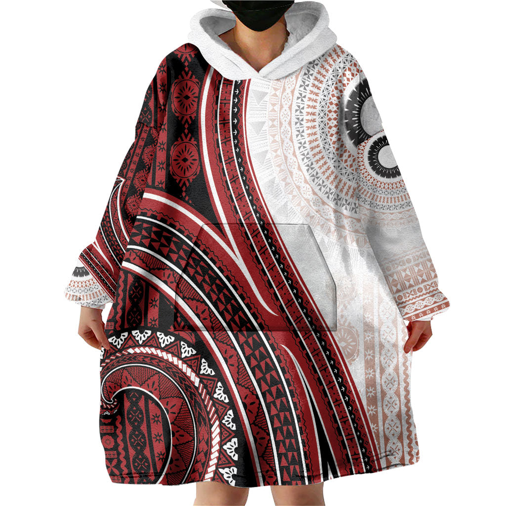 Bula Fiji Vintage Tapa Wearable Blanket Hoodie Kaivity Masi Wave Motifs - Red
