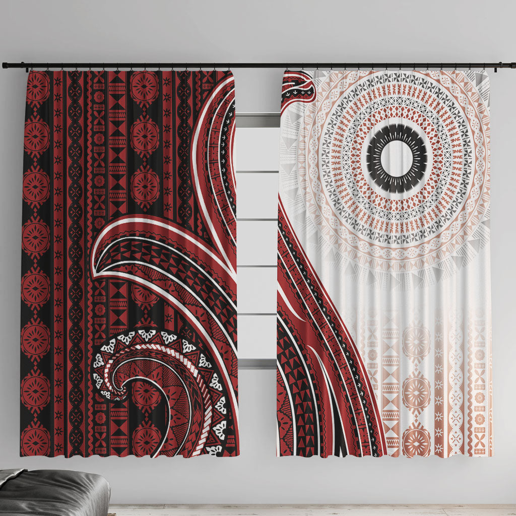 Bula Fiji Vintage Tapa Window Curtain Kaivity Masi Wave Motifs - Red