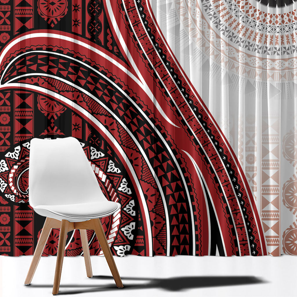 Bula Fiji Vintage Tapa Window Curtain Kaivity Masi Wave Motifs - Red
