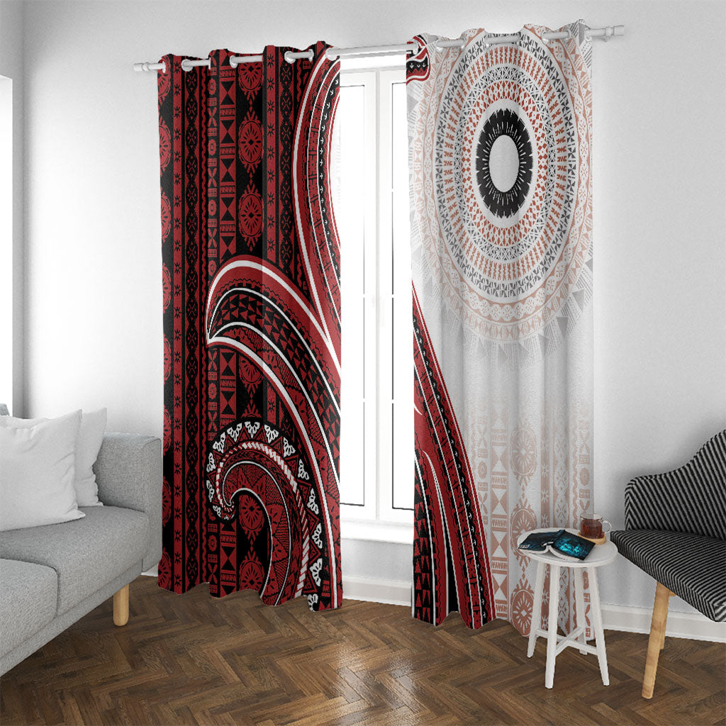 Bula Fiji Vintage Tapa Window Curtain Kaivity Masi Wave Motifs - Red