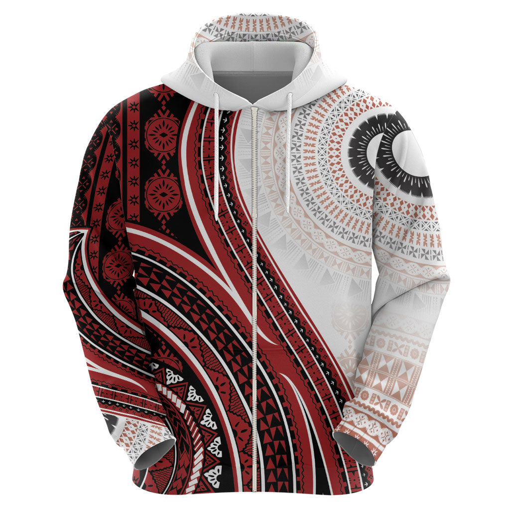 Bula Fiji Vintage Tapa Zip Hoodie Kaivity Masi Wave Motifs - Red LT7 - Polynesian Pride