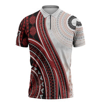 Bula Fiji Vintage Tapa Zipper Polo Shirt Kaivity Masi Wave Motifs - Red