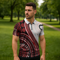 Bula Fiji Vintage Tapa Zipper Polo Shirt Kaivity Masi Wave Motifs - Red