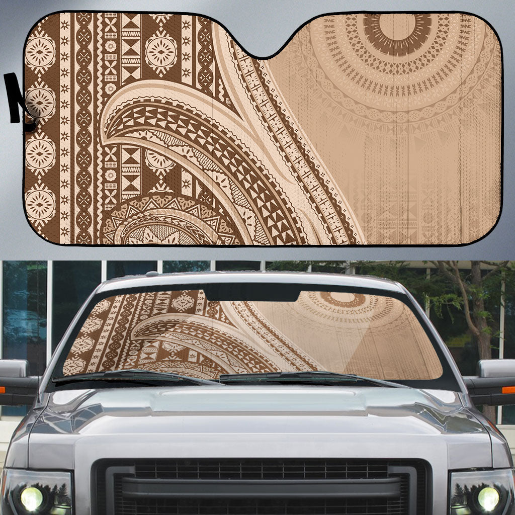 Bula Fiji Vintage Tapa Auto Sun Shade Kaivity Masi Wave Motifs - Mocha LT7 Beige - Polynesian Pride