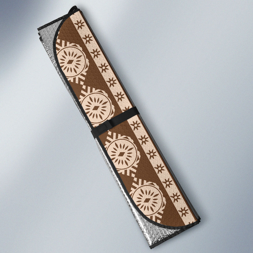 Bula Fiji Vintage Tapa Auto Sun Shade Kaivity Masi Wave Motifs - Mocha LT7 - Polynesian Pride