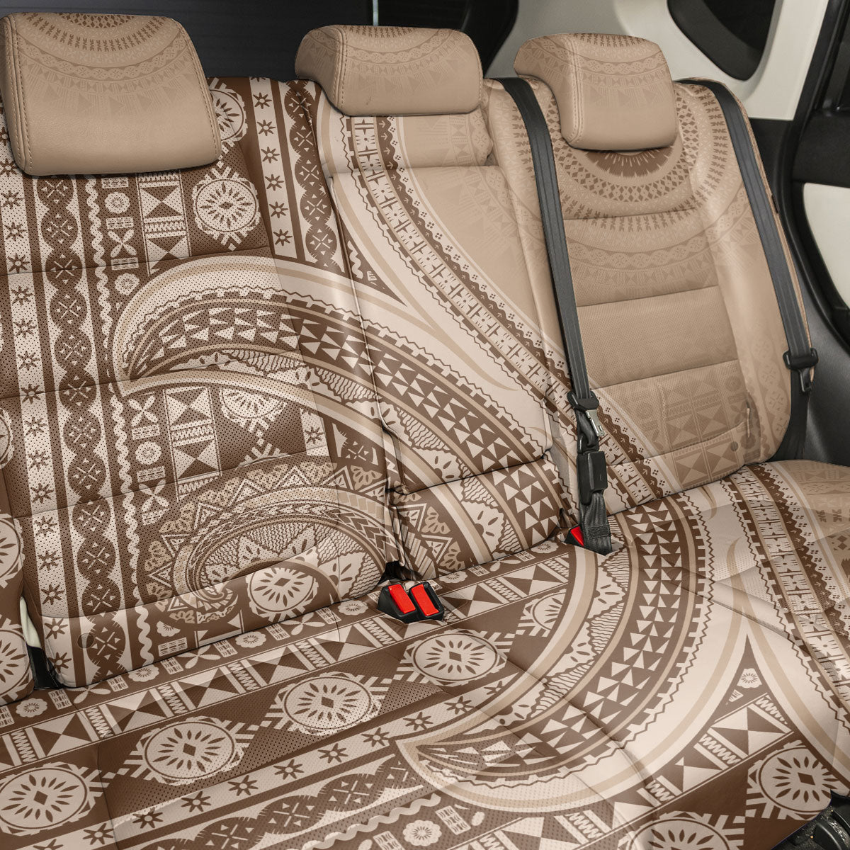 Bula Fiji Vintage Tapa Back Car Seat Cover Kaivity Masi Wave Motifs - Mocha LT7 - Polynesian Pride