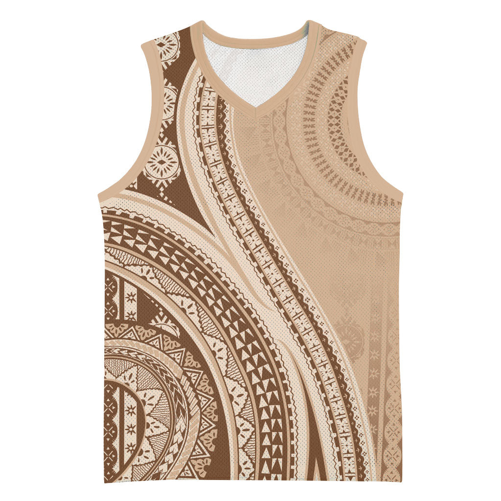 Bula Fiji Vintage Tapa Basketball Jersey Kaivity Masi Wave Motifs - Mocha LT7 Unisex Beige - Polynesian Pride
