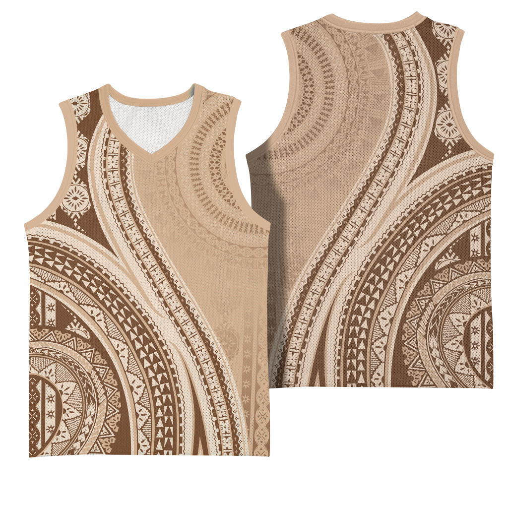 Bula Fiji Vintage Tapa Basketball Jersey Kaivity Masi Wave Motifs - Mocha LT7 - Polynesian Pride