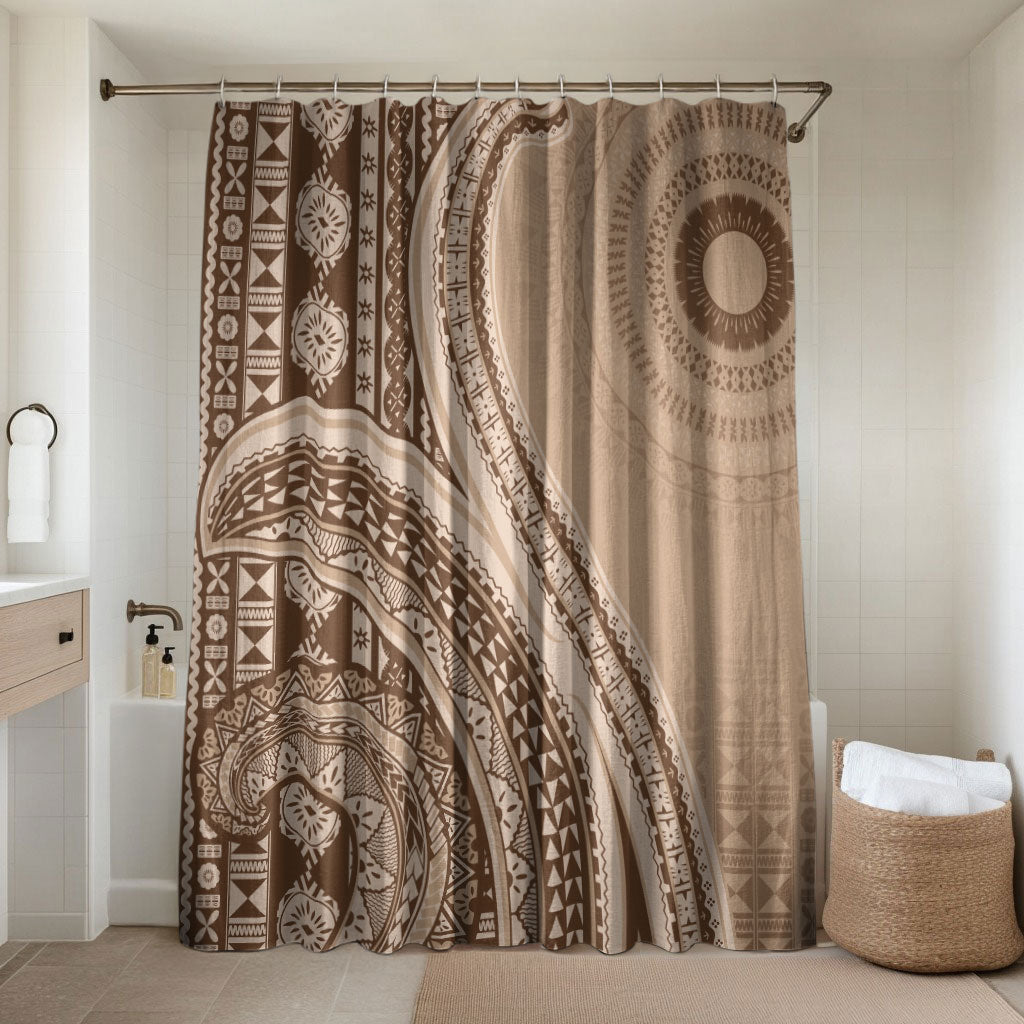 Bula Fiji Vintage Tapa Bathroom Set Kaivity Masi Wave Motifs - Mocha LT7 Shower Curtain Only Beige - Polynesian Pride
