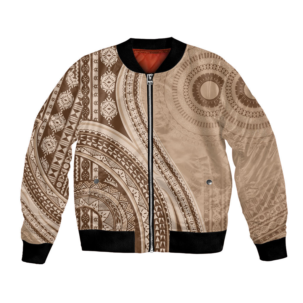 Bula Fiji Vintage Tapa Bomber Jacket Kaivity Masi Wave Motifs - Mocha LT7 Unisex Beige - Polynesian Pride