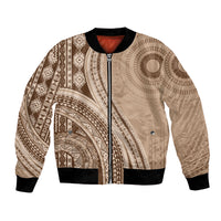 Bula Fiji Vintage Tapa Bomber Jacket Kaivity Masi Wave Motifs - Mocha LT7 Unisex Beige - Polynesian Pride