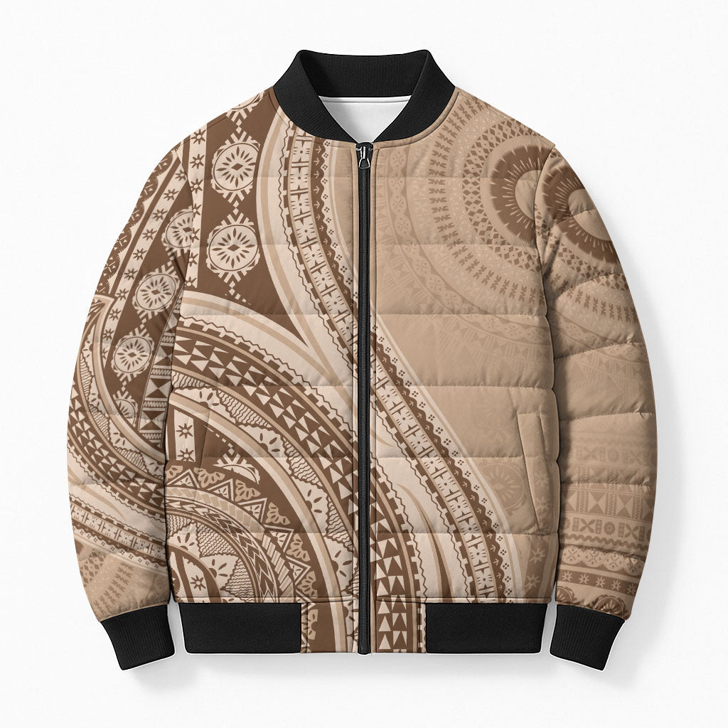Bula Fiji Vintage Tapa Bomber Puffer Jacket Kaivity Masi Wave Motifs - Mocha