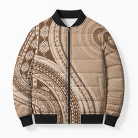 Bula Fiji Vintage Tapa Bomber Puffer Jacket Kaivity Masi Wave Motifs - Mocha