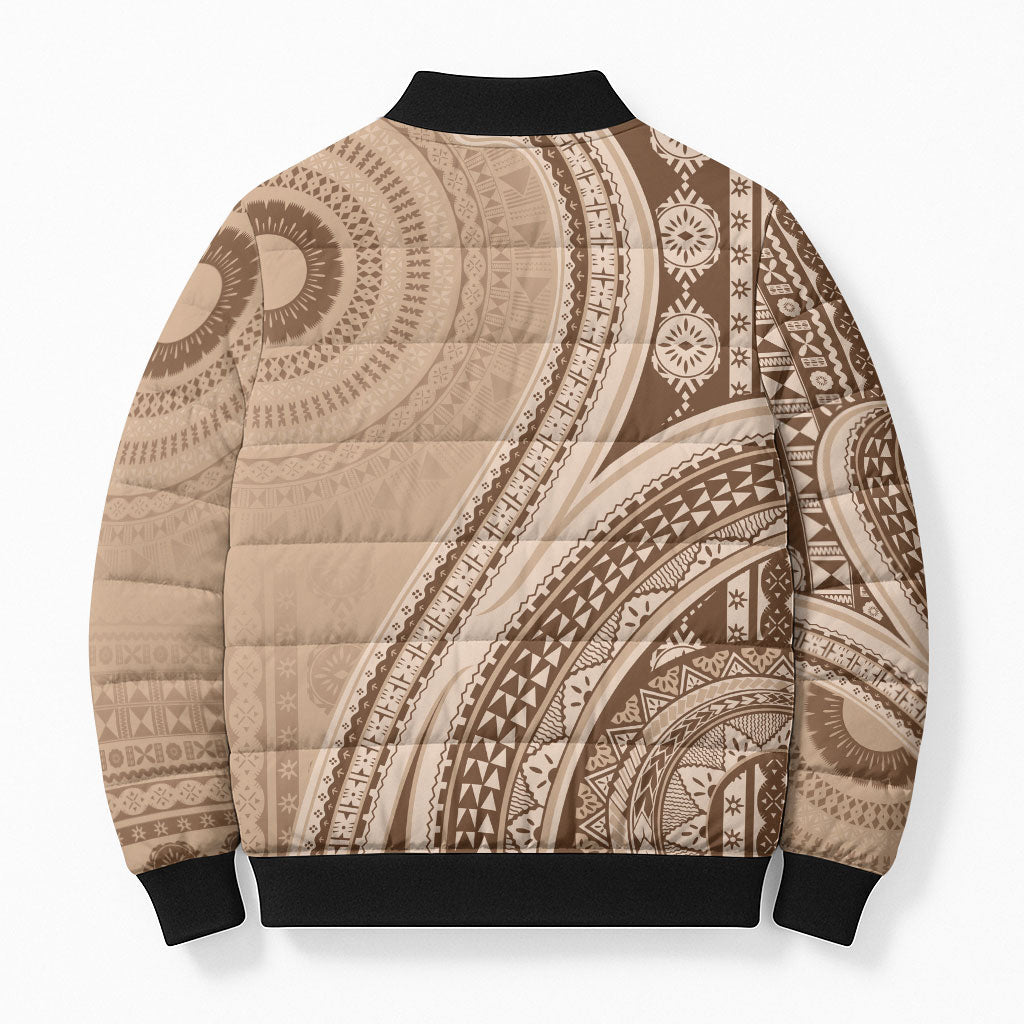 Bula Fiji Vintage Tapa Bomber Puffer Jacket Kaivity Masi Wave Motifs - Mocha