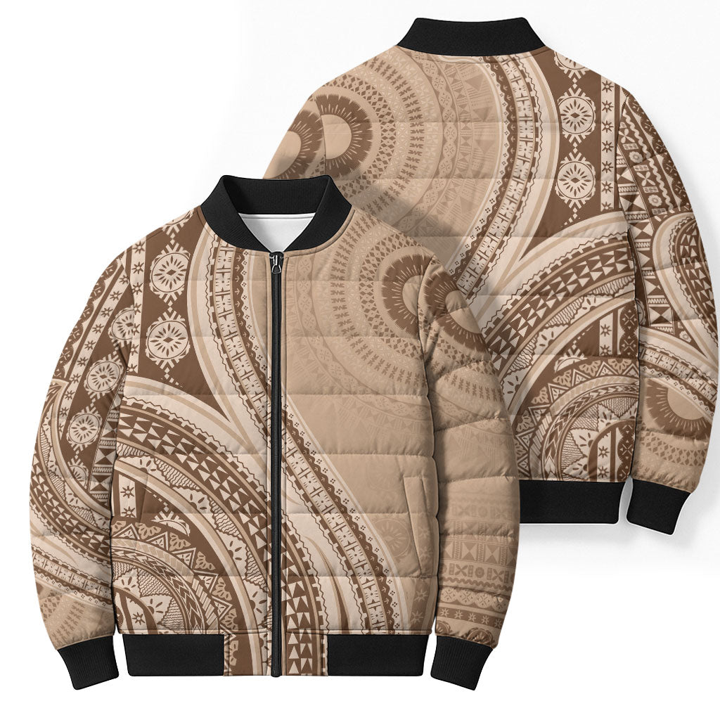 Bula Fiji Vintage Tapa Bomber Puffer Jacket Kaivity Masi Wave Motifs - Mocha
