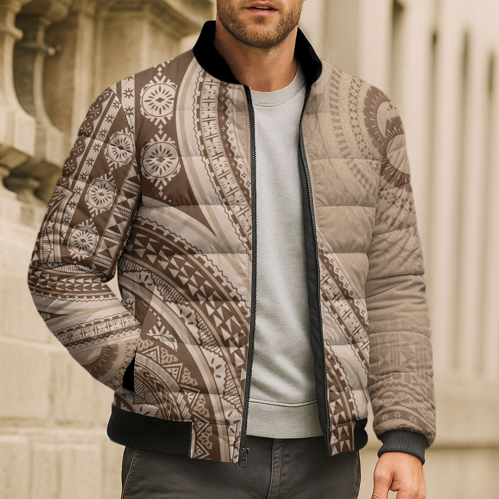 Bula Fiji Vintage Tapa Bomber Puffer Jacket Kaivity Masi Wave Motifs - Mocha