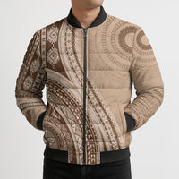 Bula Fiji Vintage Tapa Bomber Puffer Jacket Kaivity Masi Wave Motifs - Mocha