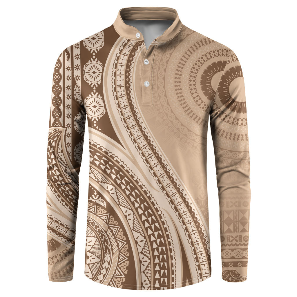 Bula Fiji Vintage Tapa Button Sweatshirt Kaivity Masi Wave Motifs - Mocha LT7 Beige - Polynesian Pride