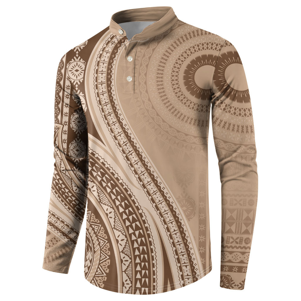 Bula Fiji Vintage Tapa Button Sweatshirt Kaivity Masi Wave Motifs - Mocha LT7 - Polynesian Pride