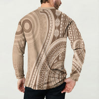 Bula Fiji Vintage Tapa Button Sweatshirt Kaivity Masi Wave Motifs - Mocha LT7 - Polynesian Pride