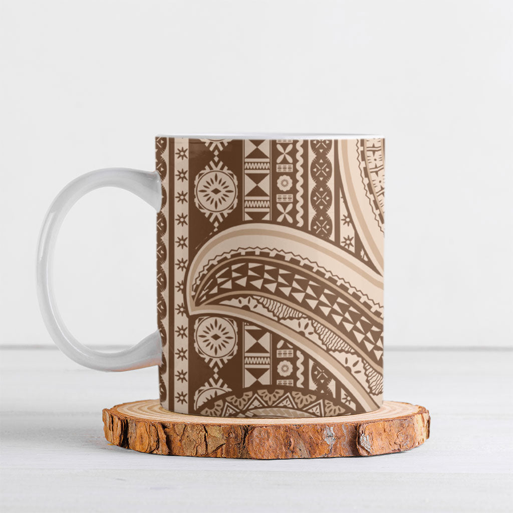Bula Fiji Vintage Tapa Ceramic Mug Kaivity Masi Wave Motifs - Mocha LT7 Beige - Polynesian Pride