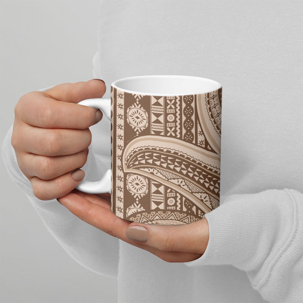Bula Fiji Vintage Tapa Ceramic Mug Kaivity Masi Wave Motifs - Mocha LT7 - Polynesian Pride