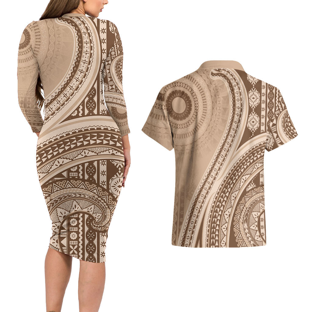 Bula Fiji Vintage Tapa Couples Matching Long Sleeve Bodycon Dress and Hawaiian Shirt Kaivity Masi Wave Motifs - Mocha